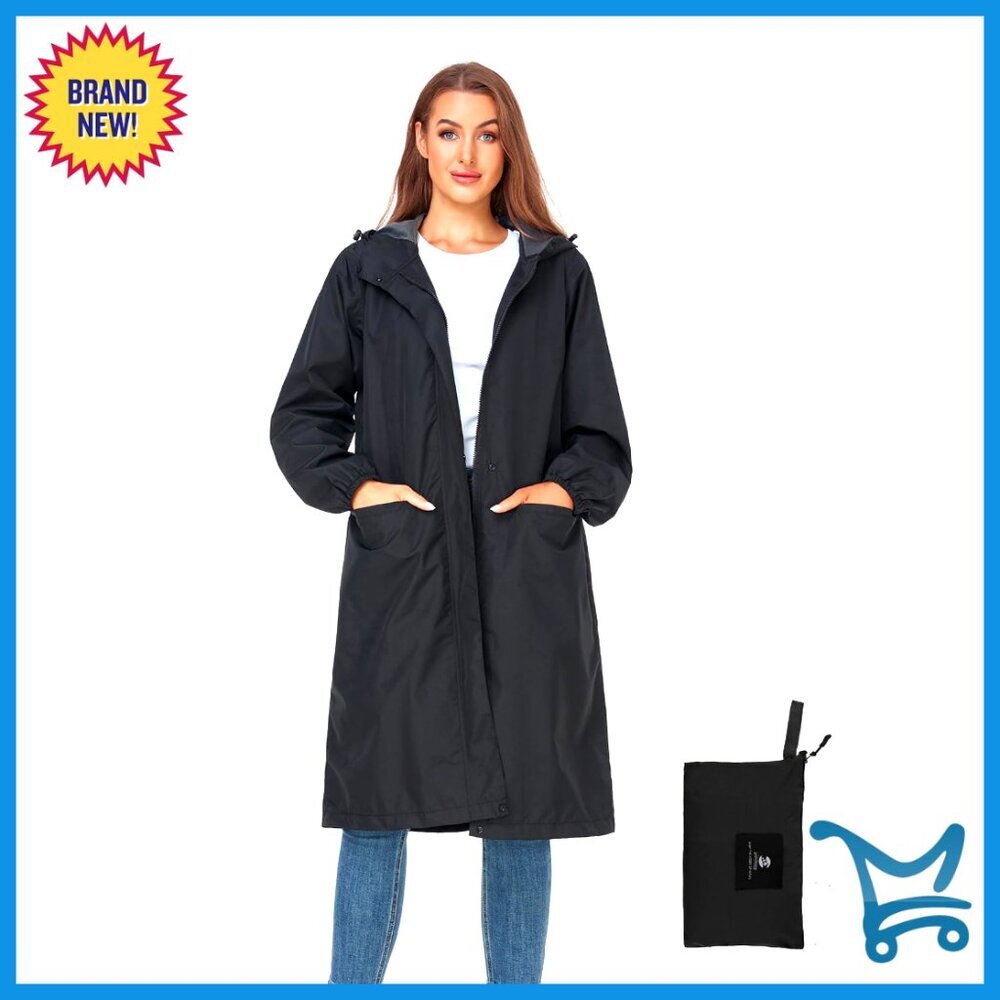 Waterproof Raincoat Lightweight Packable Hooded Knee Length Jacket
